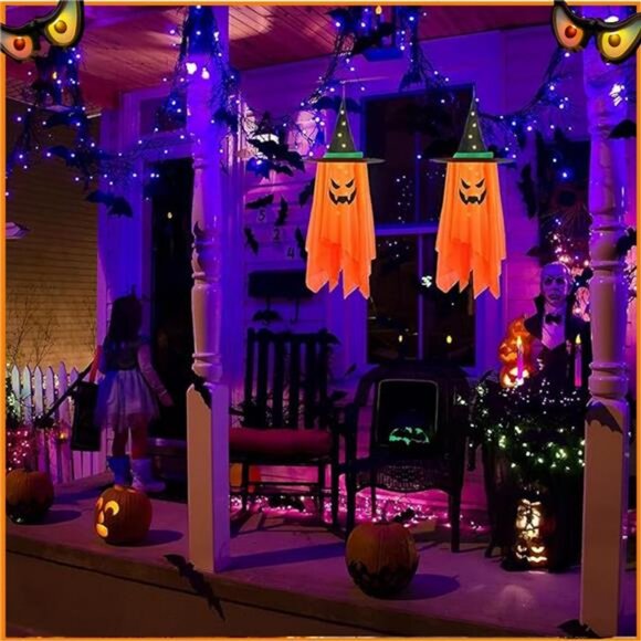 2 Pack Halloween Decorations, Pumpkin Wizard Hat Pre-Installed Pumpkin Ghosts - Picture 5 of 8